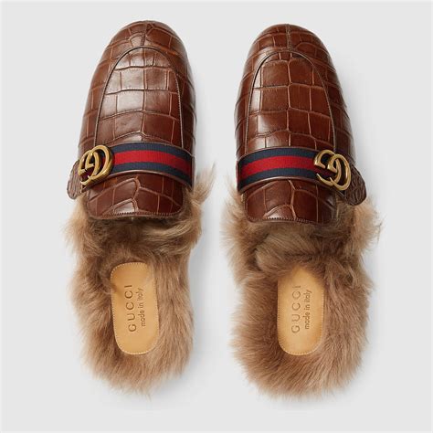 gucci princetown crocodile slipper with double g|Gucci princetown striped slippers.